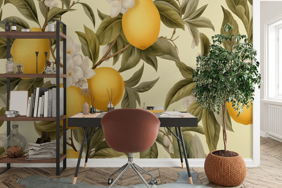Papier peint avec des citrons et des fleurs