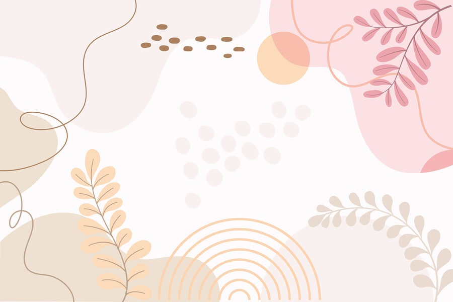 Fond blanc avec des feuilles et des cercles roses et orange