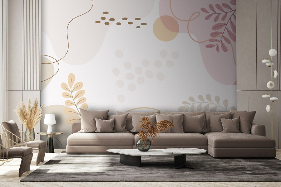 Fond blanc avec des feuilles et des cercles roses et orange