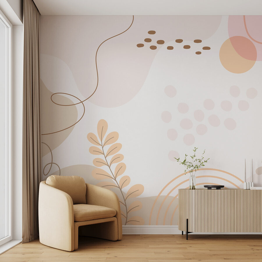 Fond blanc avec des feuilles et des cercles roses et orange