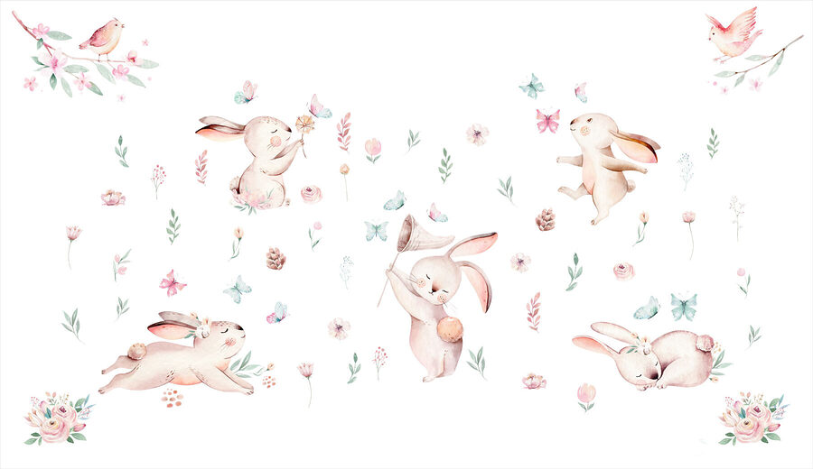 Groupe de lapins avec des fleurs et des papillons Groupe de lapins avec des fleurs et des papillons