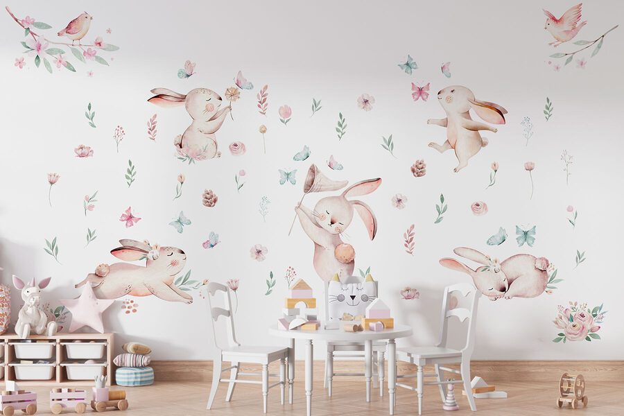Groupe de lapins avec des fleurs et des papillons Groupe de lapins avec des fleurs et des papillons