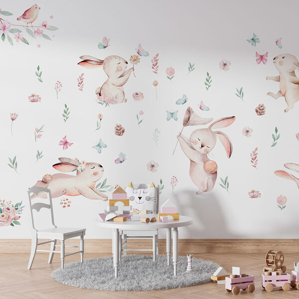 Groupe de lapins avec des fleurs et des papillons Groupe de lapins avec des fleurs et des papillons