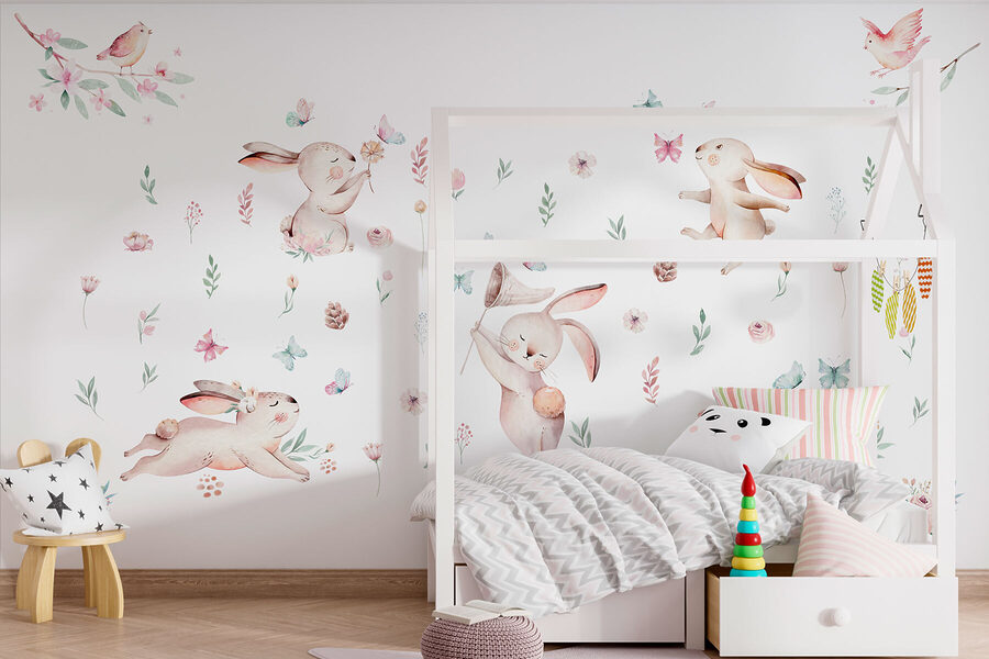 Groupe de lapins avec des fleurs et des papillons Groupe de lapins avec des fleurs et des papillons
