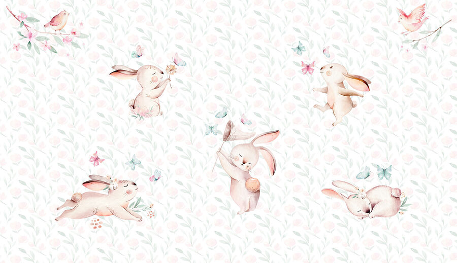 Motif de lapins et de papillons aquarellés