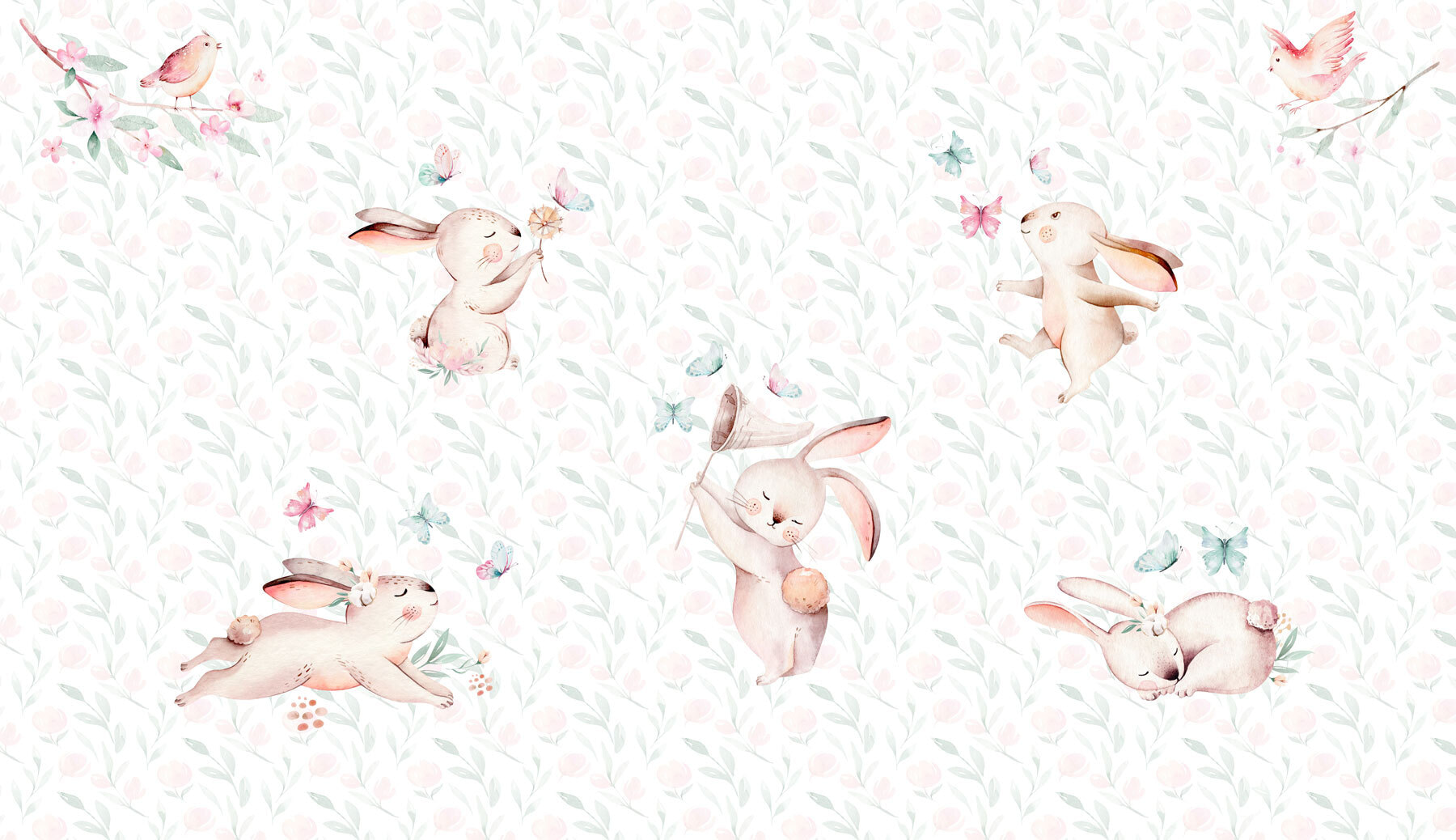 Pattern of watercolor bunnies and butterflies