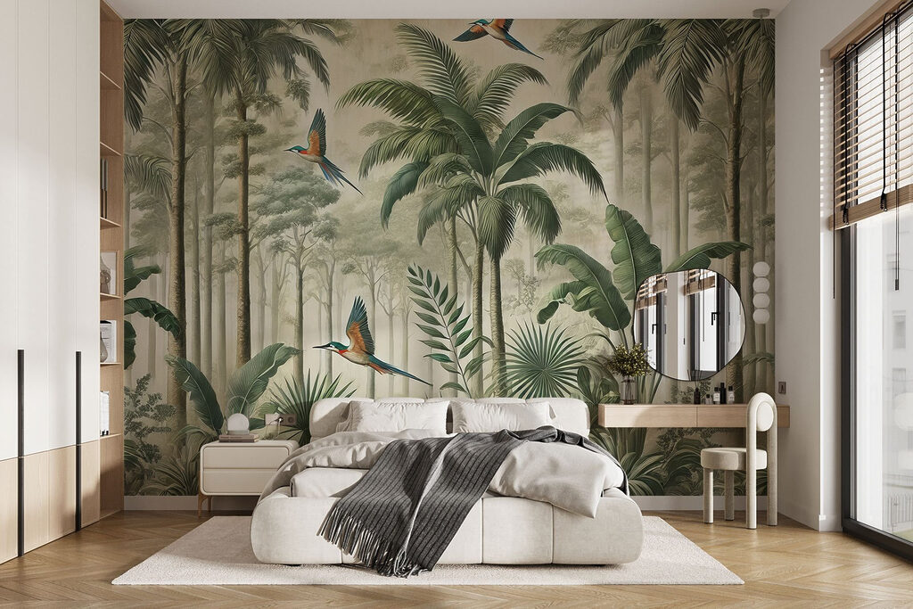 Mural of birds flying over a forest Mural of birds flying over a forest