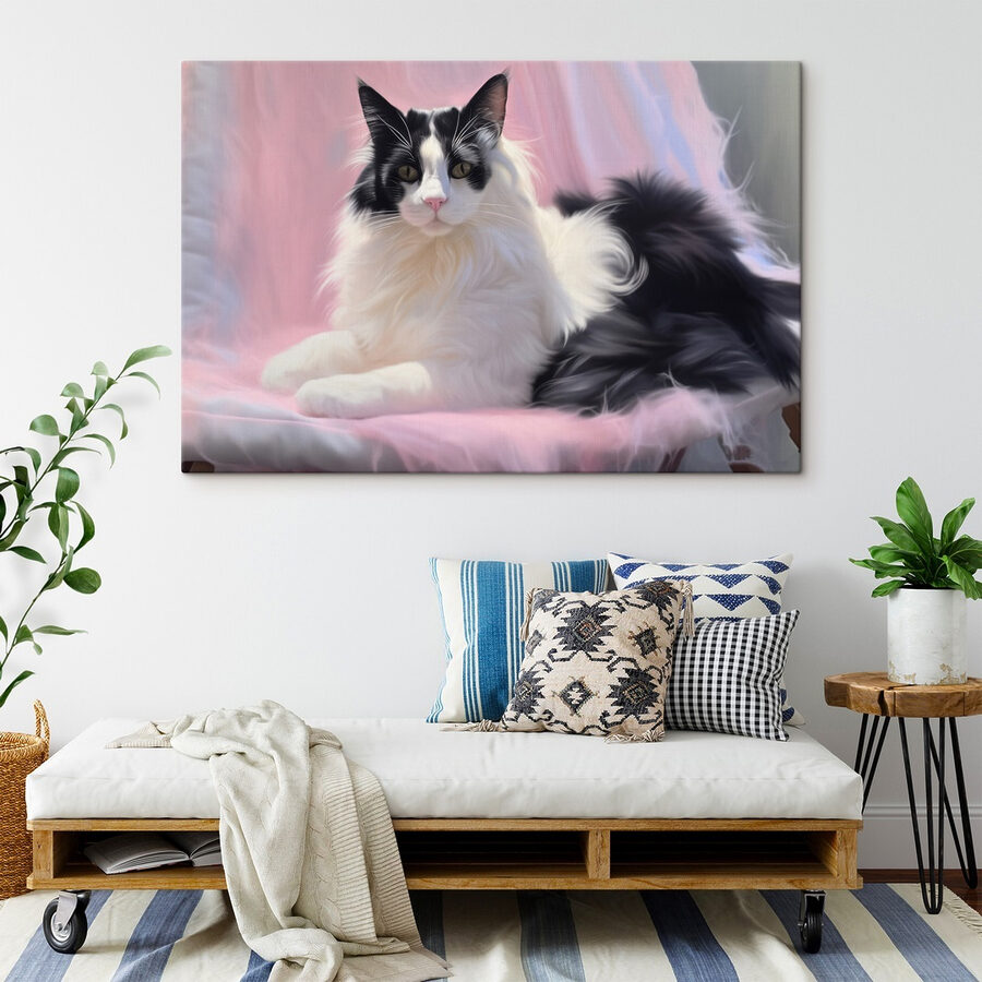 Chat noir et blanc couché sur une couverture rose Chat noir et blanc couché sur une couverture rose