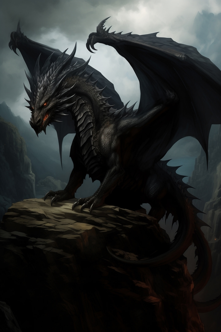 Dragon noir sur un rocher