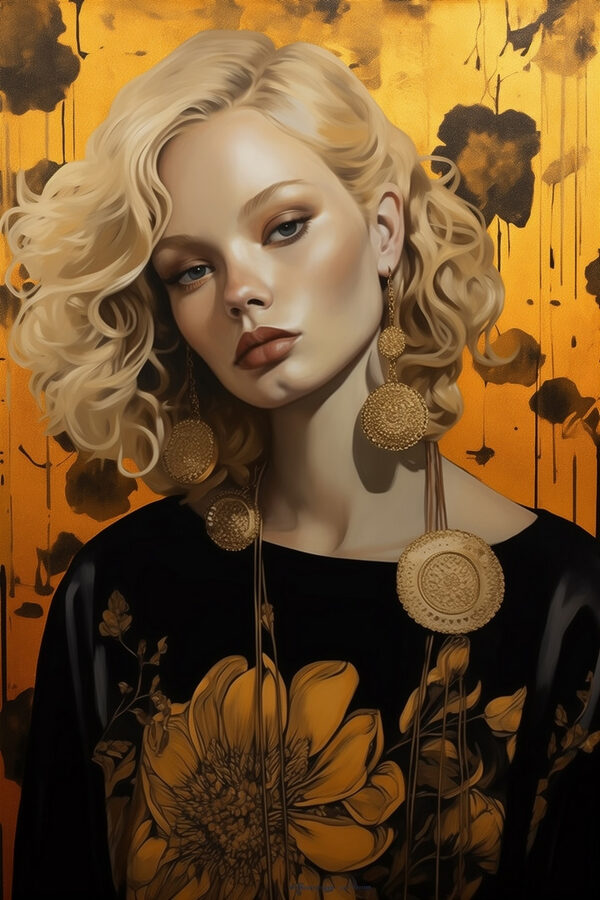 Femme aux cheveux blonds bouclés et aux grandes boucles d'oreilles Femme aux cheveux blonds bouclés et aux grandes boucles d'oreilles