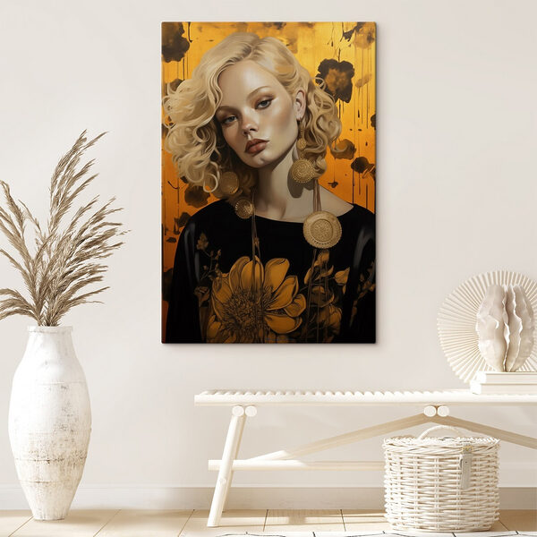 Femme aux cheveux blonds bouclés et aux grandes boucles d'oreilles Femme aux cheveux blonds bouclés et aux grandes boucles d'oreilles