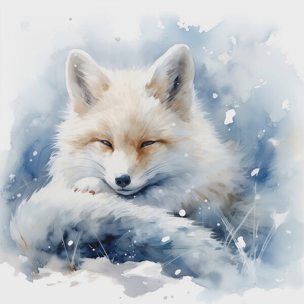 Aquarelle d'un renard couché dans la neige Aquarelle d'un renard couché dans la neige