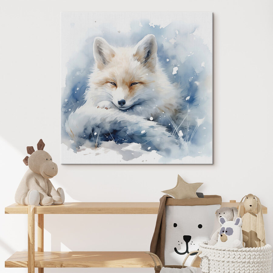 Aquarelle d'un renard couché dans la neige