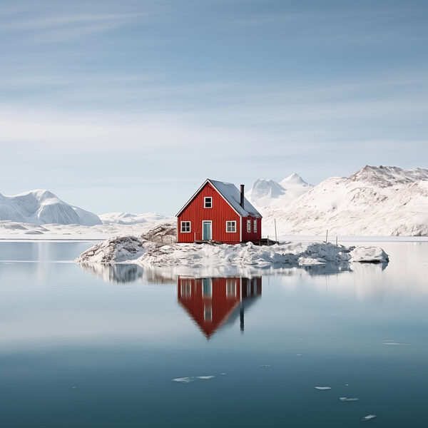 Maison rouge sur une île dans l'eau avec des montagnes enneigées en arrière-plan Maison rouge sur une île dans l'eau avec des montagnes enneigées en arrière-plan