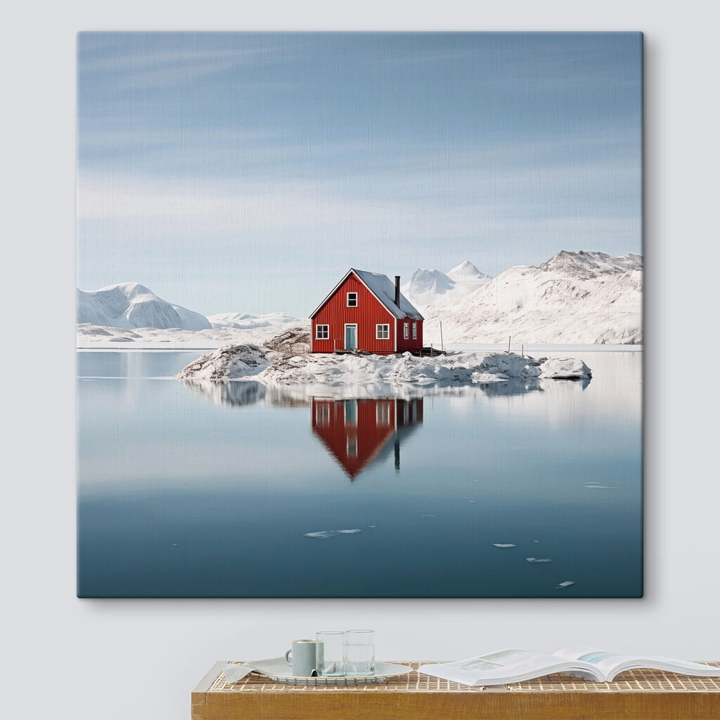 Red house on an island in water with snow covered mountains in the background