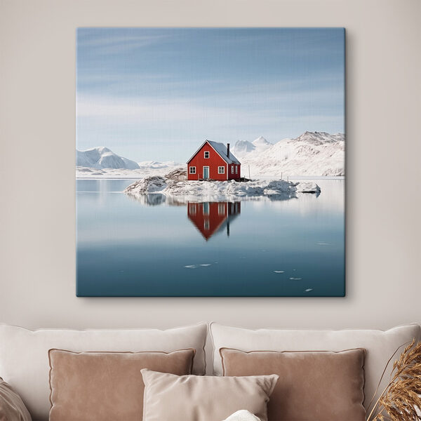 Maison rouge sur une île dans l'eau avec des montagnes enneigées en arrière-plan Maison rouge sur une île dans l'eau avec des montagnes enneigées en arrière-plan