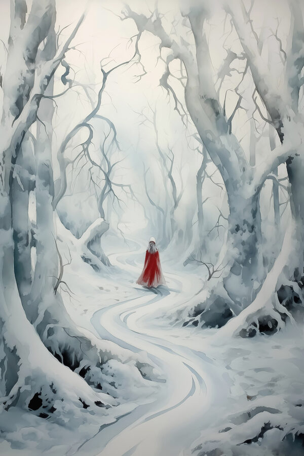 Personne vêtue d'une cape rouge marchant dans une forêt enneigée Personne vêtue d'une cape rouge marchant dans une forêt enneigée