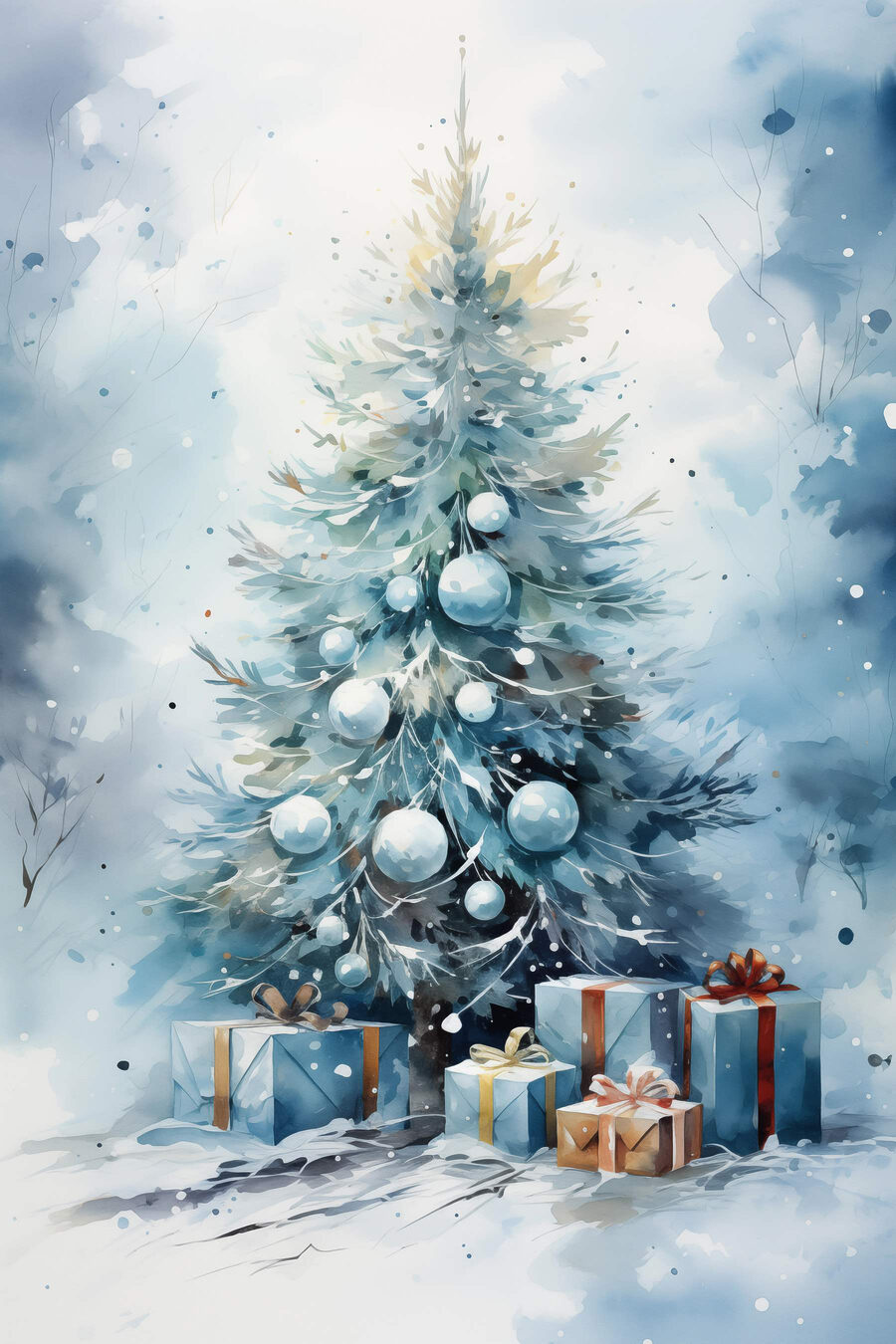 Aquarelle d'un arbre de Noël avec des cadeaux
