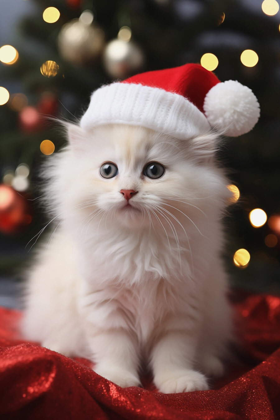Chaton blanc portant un chapeau de Père Noël