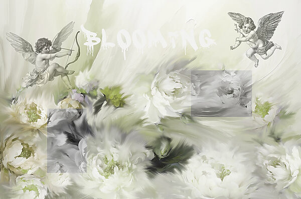 Peinture d'anges avec un arc et des flèches sur des fleurs Peinture d'anges avec un arc et des flèches sur des fleurs