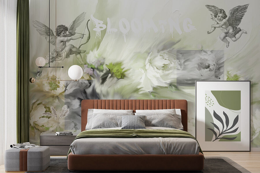 Peinture d'anges avec un arc et des flèches sur des fleurs