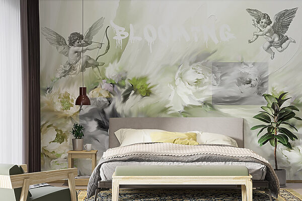 Peinture d'anges avec un arc et des flèches sur des fleurs Peinture d'anges avec un arc et des flèches sur des fleurs