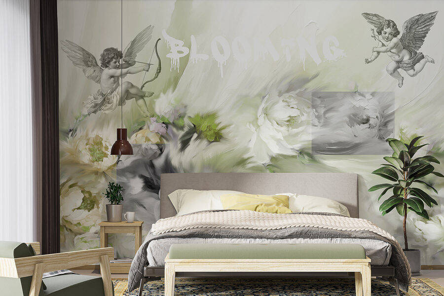 Peinture d'anges avec un arc et des flèches sur des fleurs