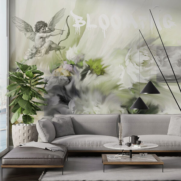 Peinture d'anges avec un arc et des flèches sur des fleurs Peinture d'anges avec un arc et des flèches sur des fleurs