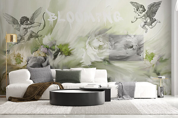 Peinture d'anges avec un arc et des flèches sur des fleurs Peinture d'anges avec un arc et des flèches sur des fleurs