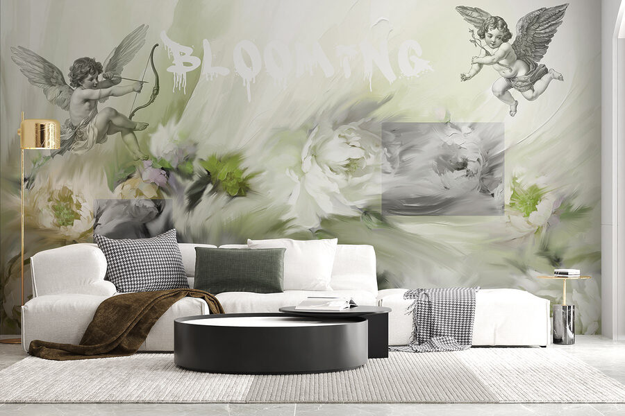 Peinture d'anges avec un arc et des flèches sur des fleurs