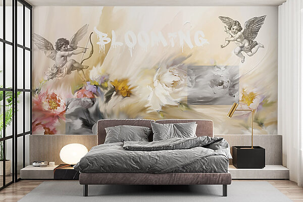 Peinture d'anges avec un arc et des flèches tirant des fleurs Peinture d'anges avec un arc et des flèches tirant des fleurs