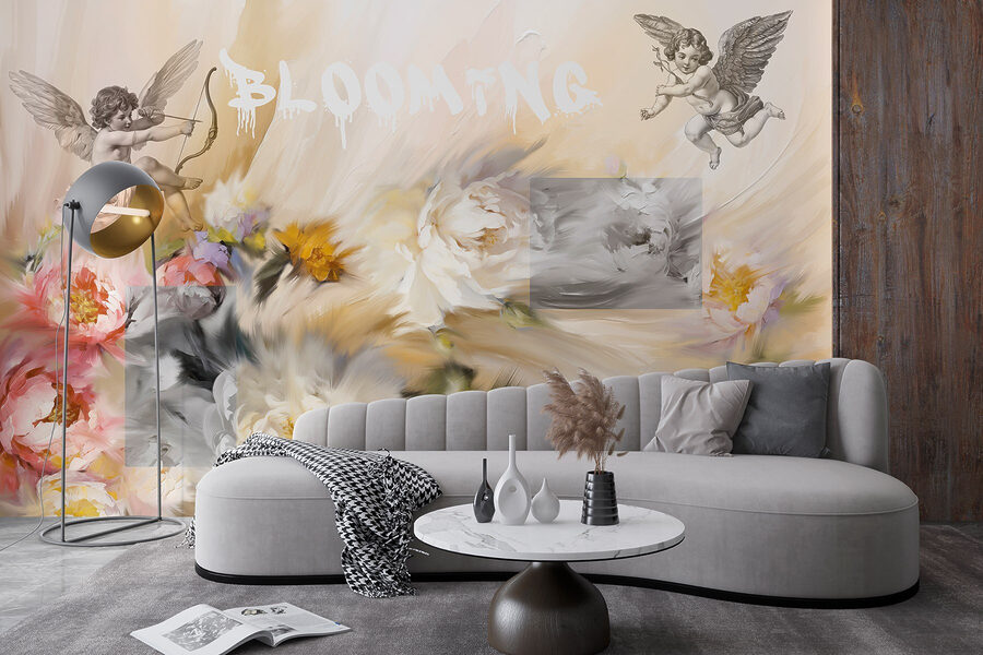 Peinture d'anges avec un arc et des flèches tirant des fleurs