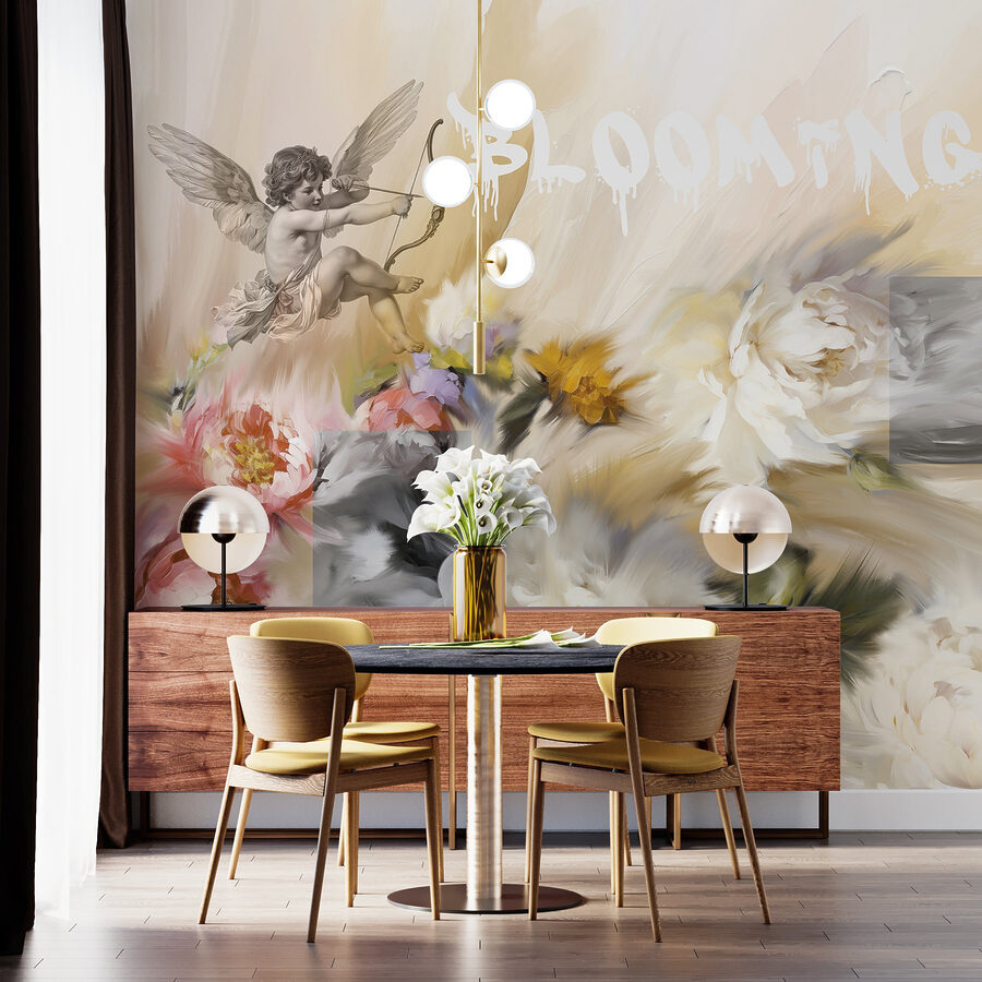 Peinture d'anges avec un arc et des flèches tirant des fleurs