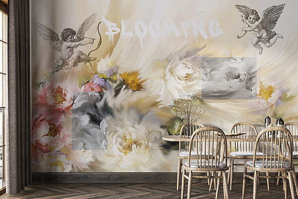 Peinture d'anges avec un arc et des flèches tirant des fleurs Peinture d'anges avec un arc et des flèches tirant des fleurs