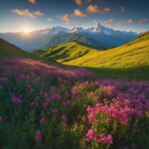 Champ de fleurs avec des montagnes en arrière-plan Champ de fleurs avec des montagnes en arrière-plan