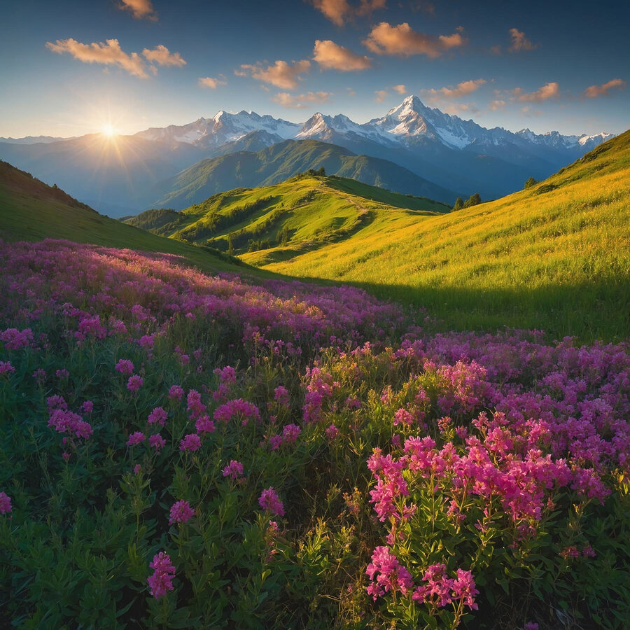 Champ de fleurs avec des montagnes en arrière-plan