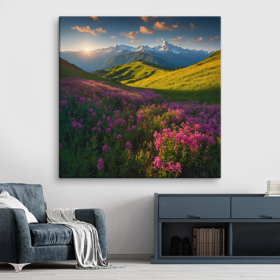 Champ de fleurs avec des montagnes en arrière-plan