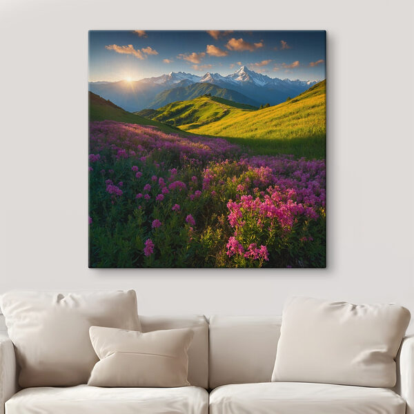 Champ de fleurs avec des montagnes en arrière-plan Champ de fleurs avec des montagnes en arrière-plan