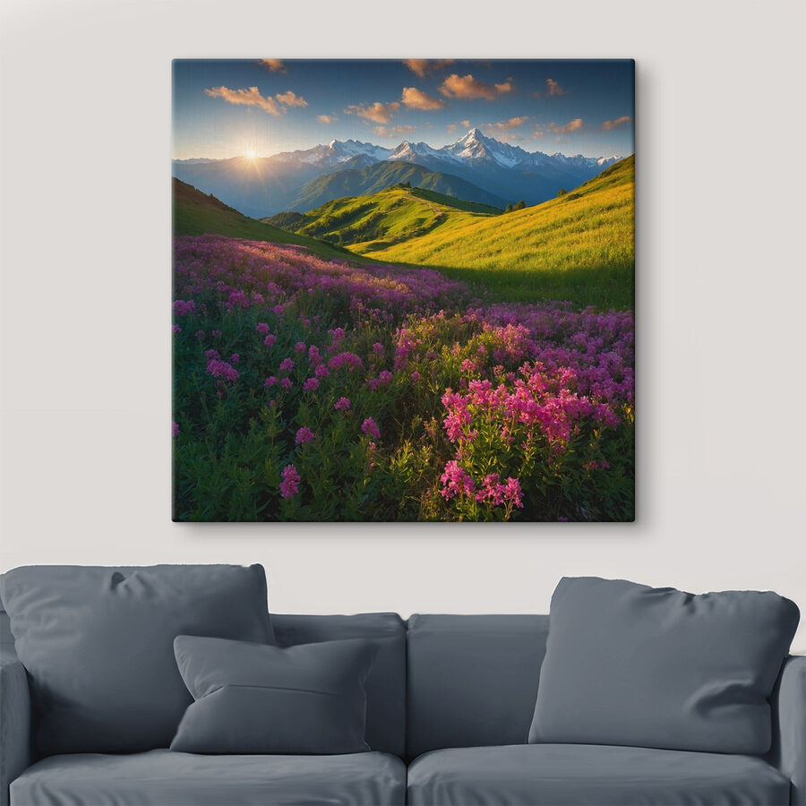 Champ de fleurs avec des montagnes en arrière-plan