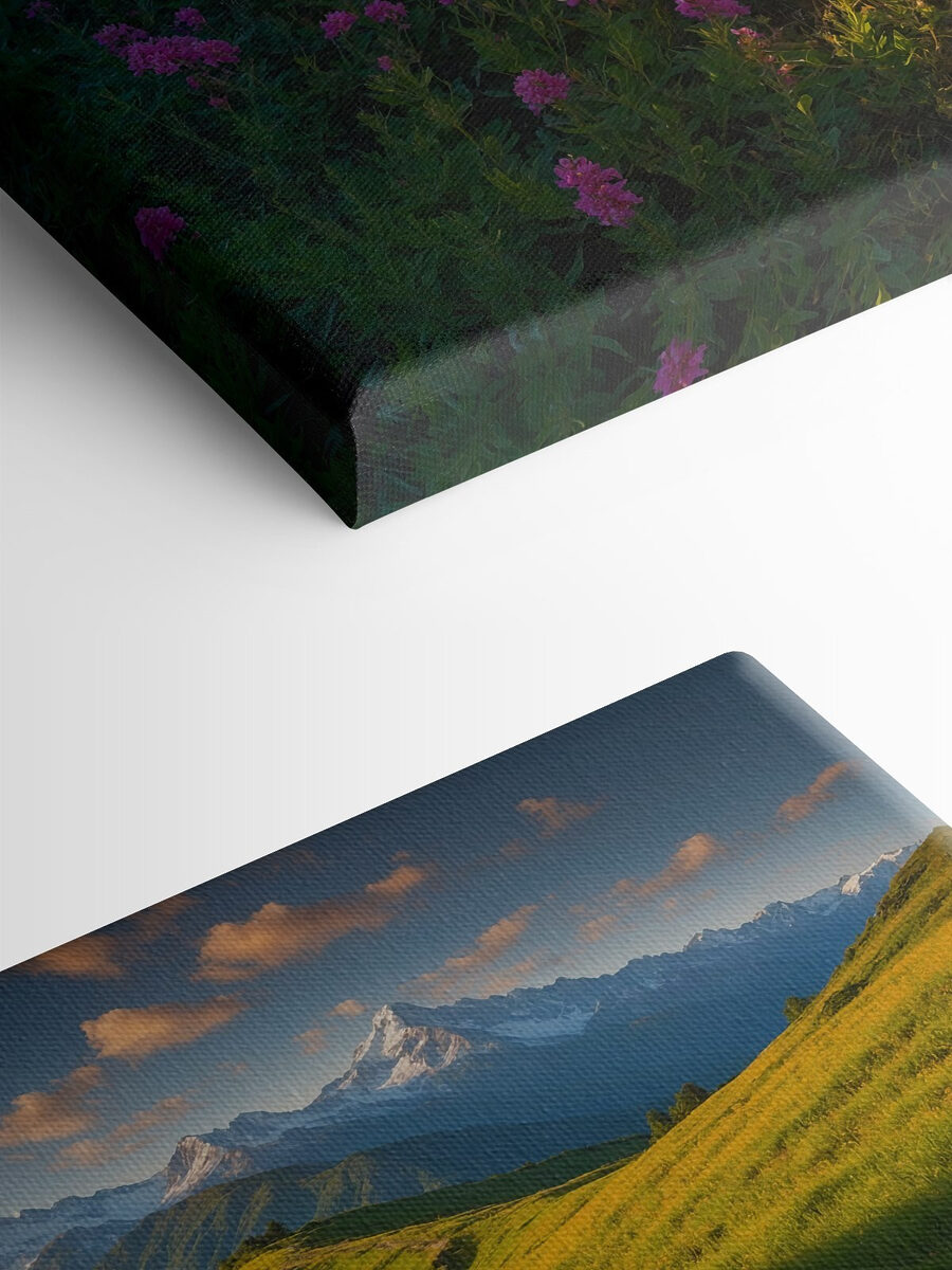 Champ de fleurs avec des montagnes en arrière-plan