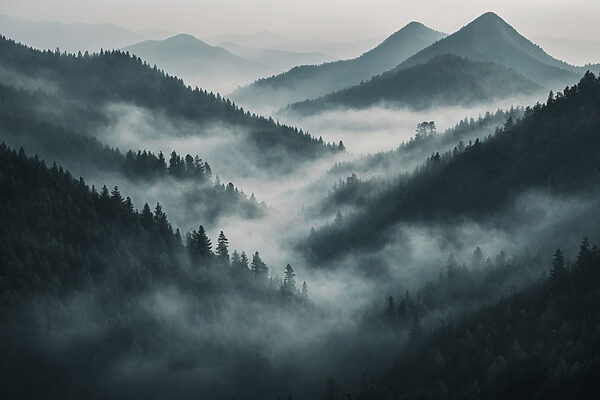 Chaîne de montagnes brumeuses avec des arbres Chaîne de montagnes brumeuses avec des arbres