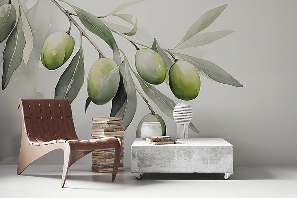 Branche avec des fruits verts et des feuilles Branche avec des fruits verts et des feuilles