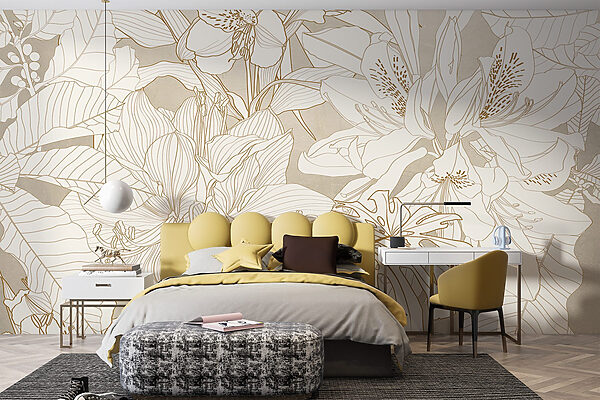 Papier peint avec des fleurs et des feuilles Papier peint avec des fleurs et des feuilles
