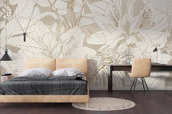 Papier peint avec des fleurs et des feuilles Papier peint avec des fleurs et des feuilles