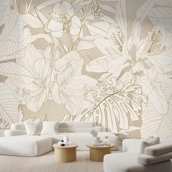 Papier peint avec des fleurs et des feuilles Papier peint avec des fleurs et des feuilles