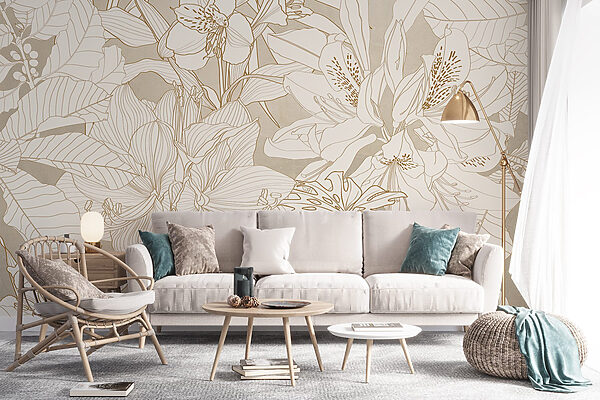 Papier peint avec des fleurs et des feuilles Papier peint avec des fleurs et des feuilles