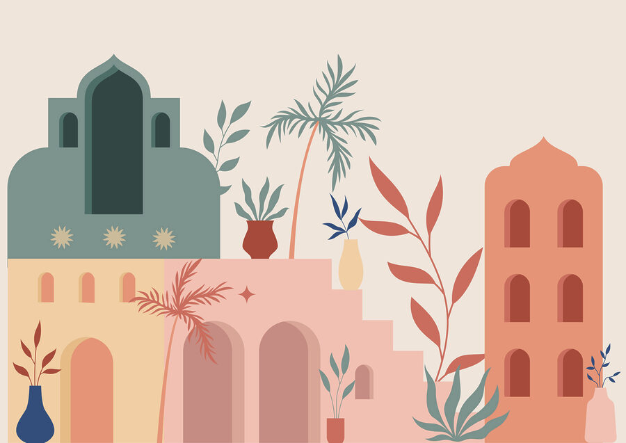 Papier peint Illustration colorée de bâtiments et de plantes – Image 3