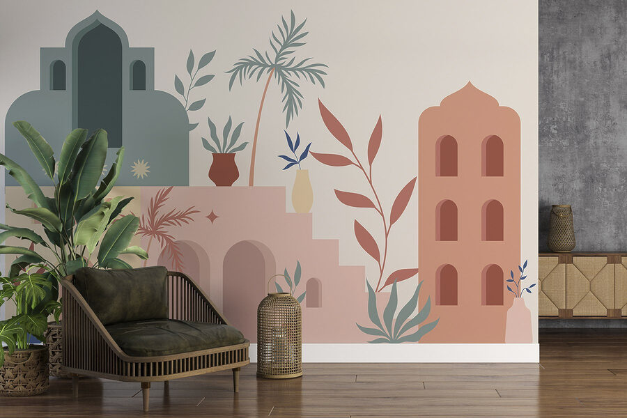 Papier peint Illustration colorée de bâtiments et de plantes – Image 2