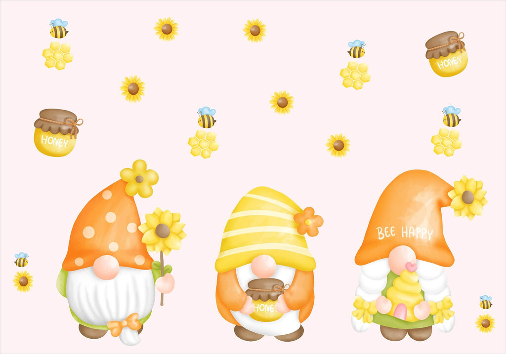 Groupe de gnomes avec des fleurs et des abeilles Groupe de gnomes avec des fleurs et des abeilles