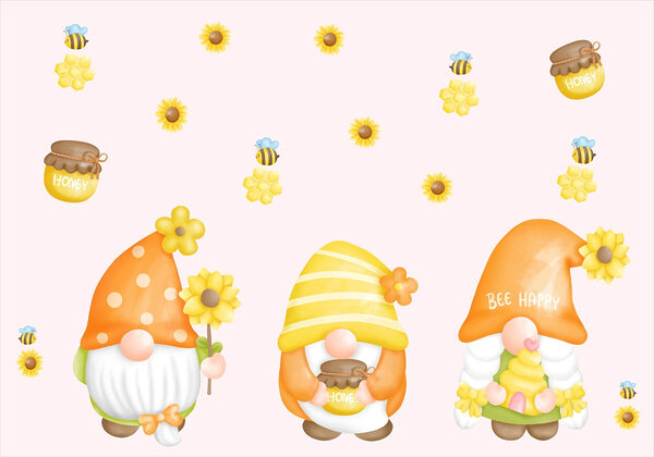Groupe de gnomes avec des fleurs et des abeilles Groupe de gnomes avec des fleurs et des abeilles